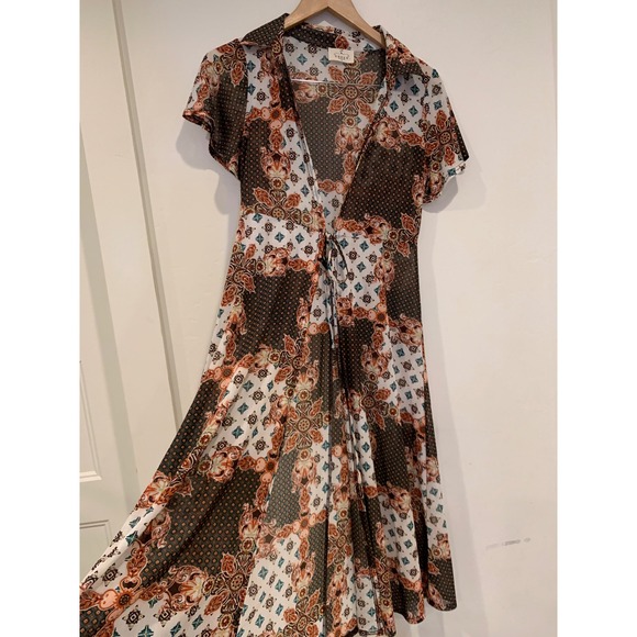 Amber Womens Patchwork Midi cardigan Dress S Brown Boho 70s Vibe Tie Front retro - Picture 3 of 7